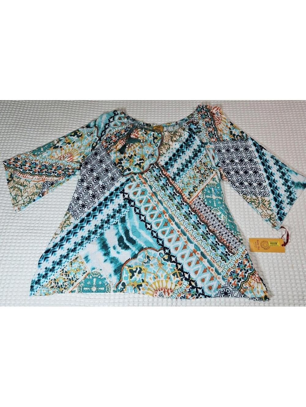 NWT Women's Plus Size 3X Ruby Rd. BoHo Tunic Top Draw String Neck 3/4 Sleeve